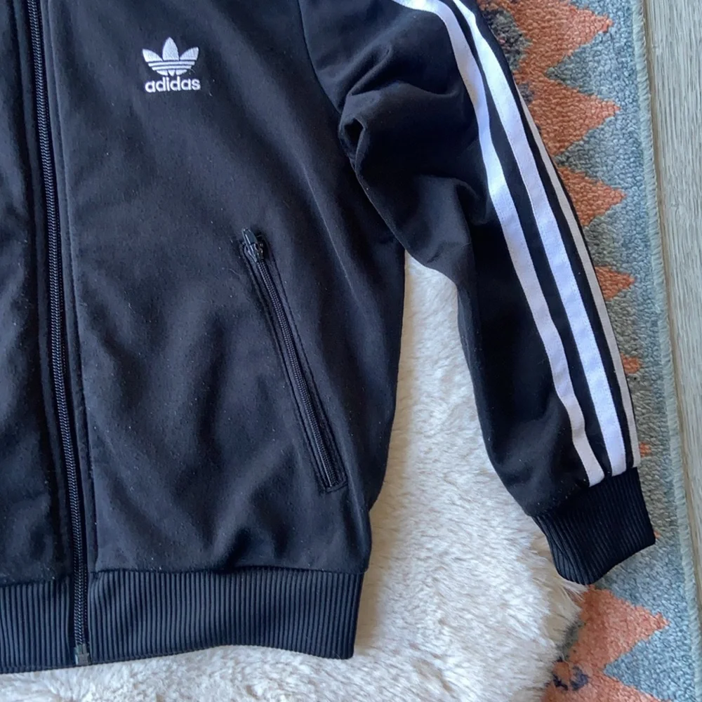 Adidas Original kids black white track jacket zip up lightweight three stripe XS
